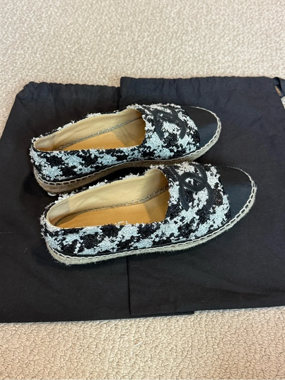 CHANEL Black and White Tweed Espadrilles with CC Logo